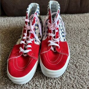 Red and Blue Checkered High-Top Sneakers